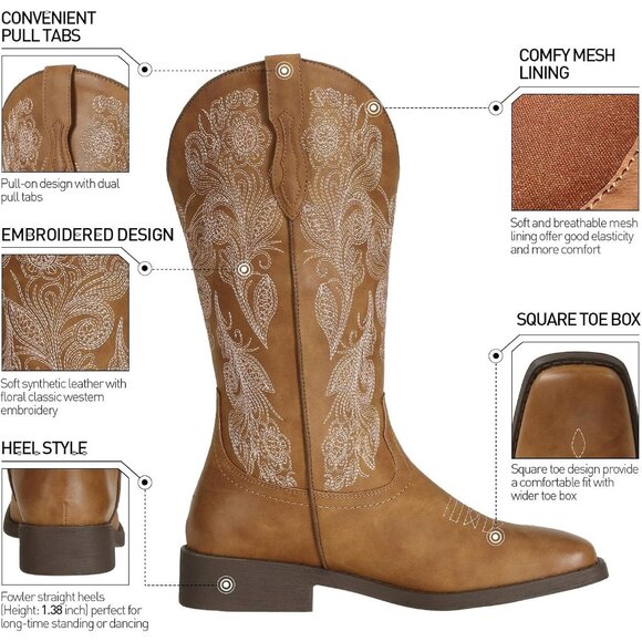 Women's Tan Square Toe Calf High Fashion Western Embroidered Cowgirl Boots - Picture 3 of 8